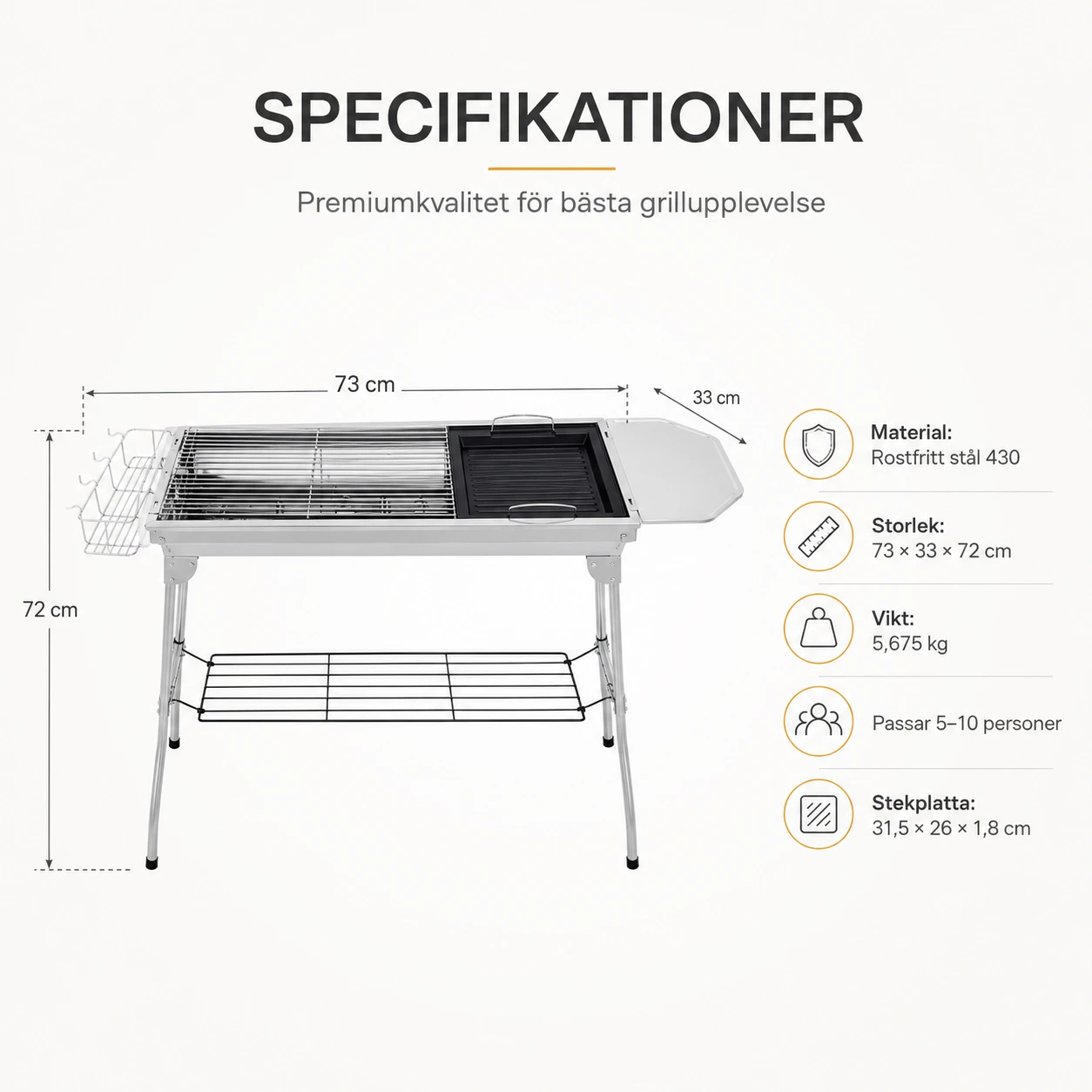 Kolgrill i Rostfritt Stål med Stekplatta och Förvaring