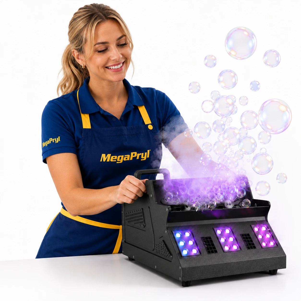 Rökmaskin med bubblor för fest och scen med RGB-belysning