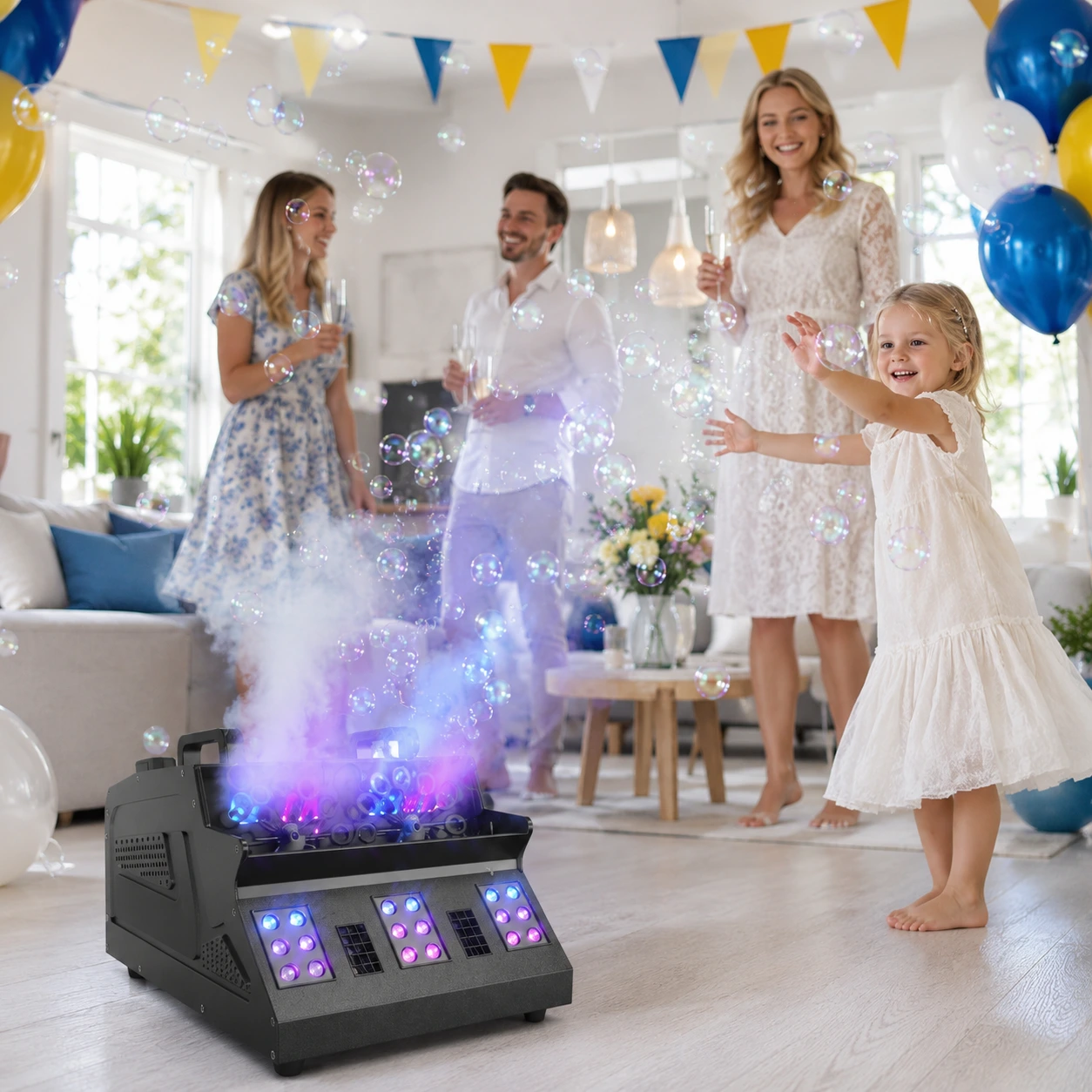 Rökmaskin med bubblor för fest och scen med RGB-belysning