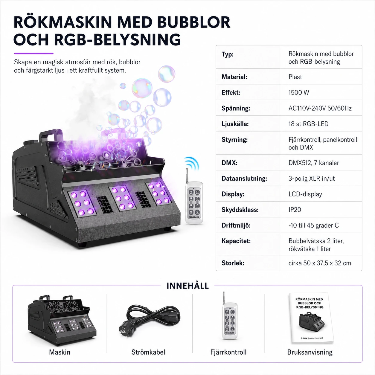 Rökmaskin med bubblor för fest och scen med RGB-belysning