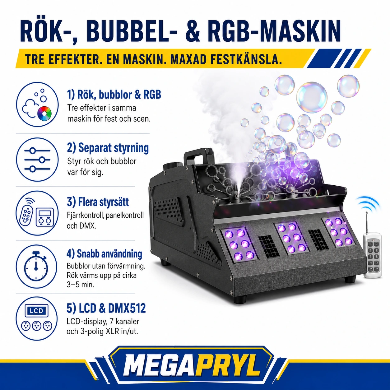 Rökmaskin med bubblor för fest och scen med RGB-belysning