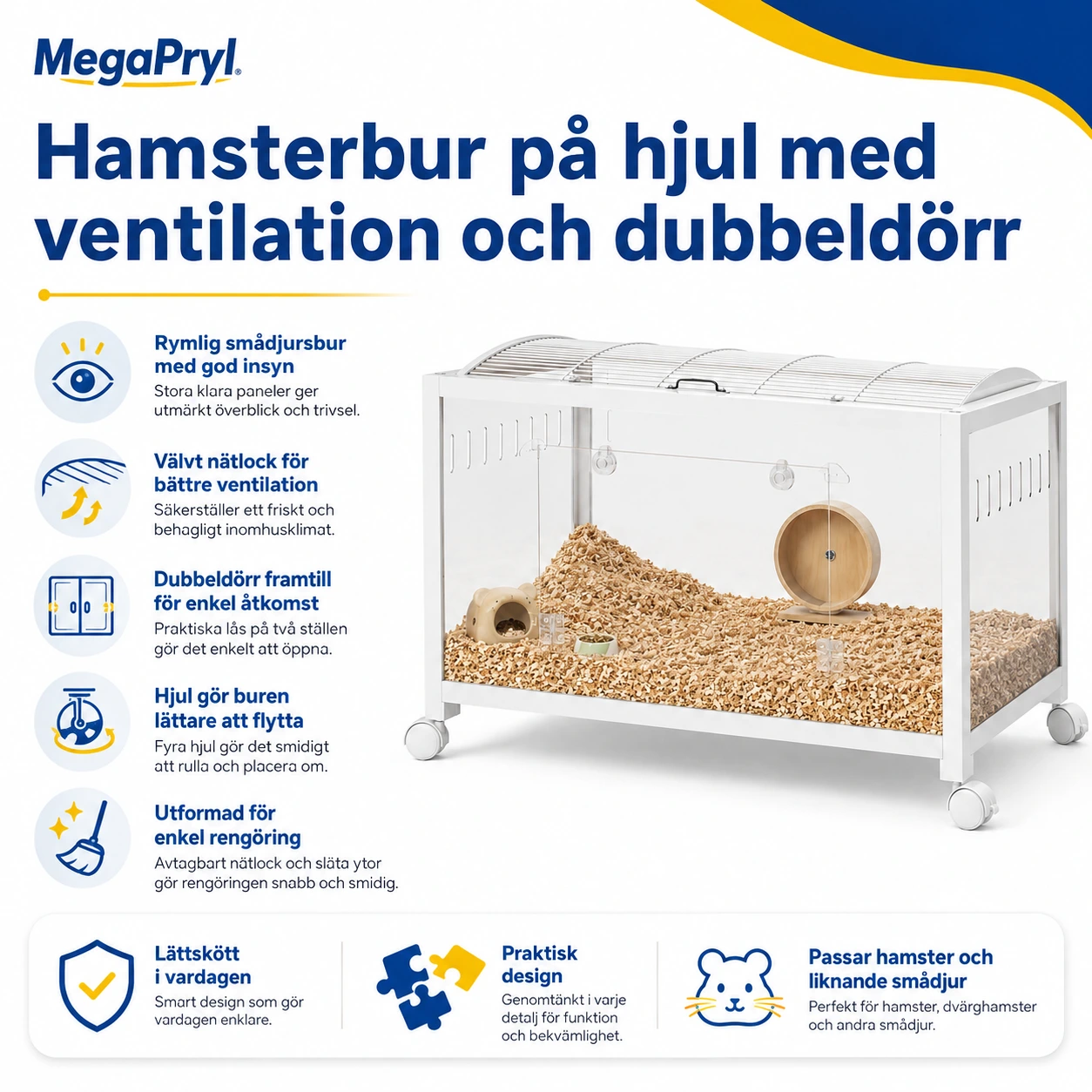 Hamsterbur på hjul med ventilation och dubbeldörr
