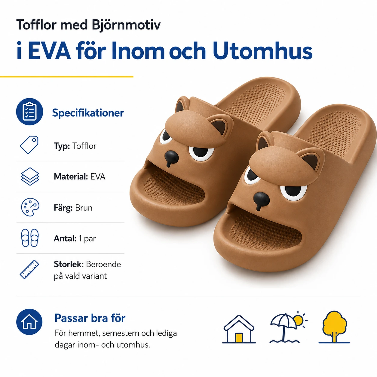 Tofflor med Björnmotiv i EVA för Inom och Utomhus