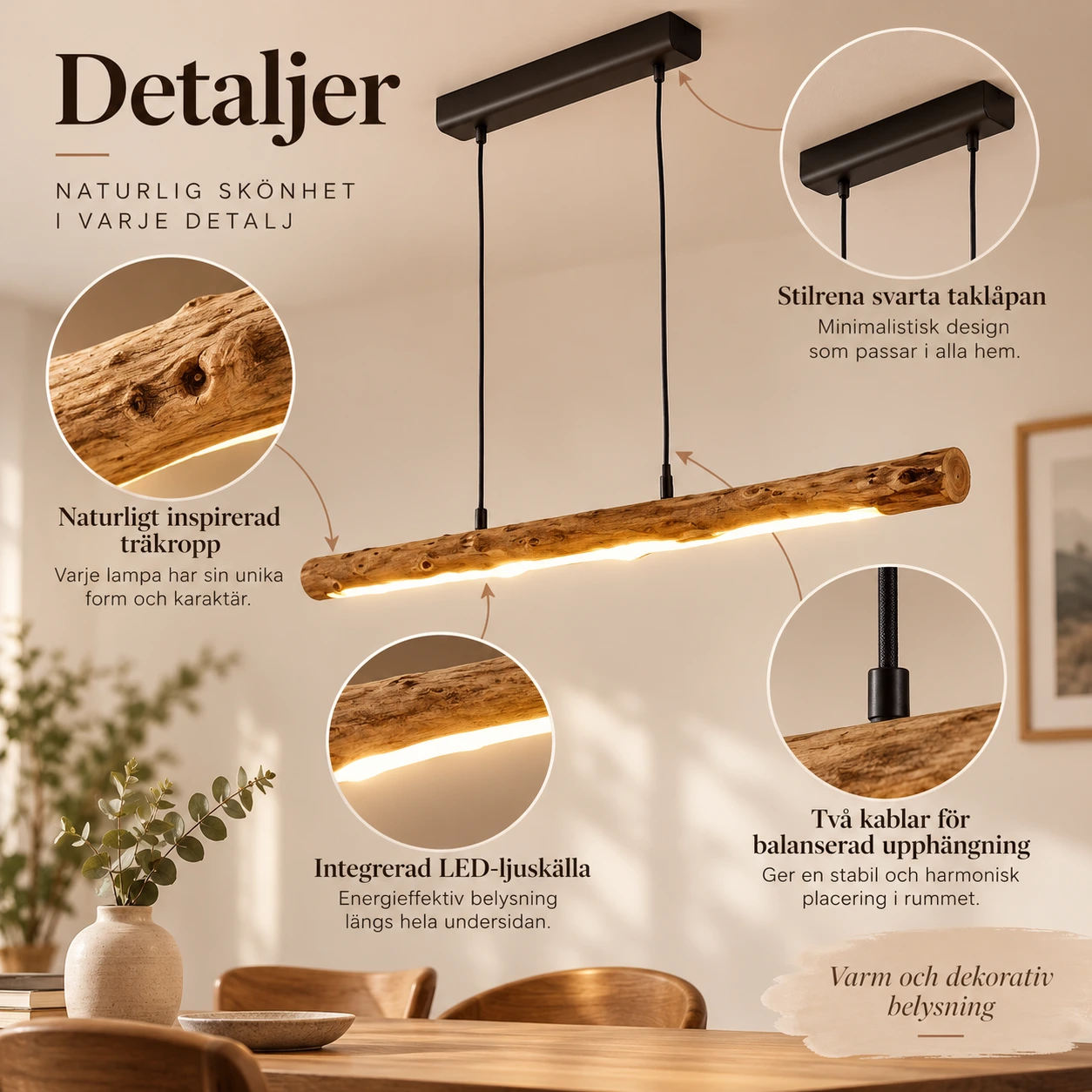 Träpendellampa med LED för matbord och vardagsrum