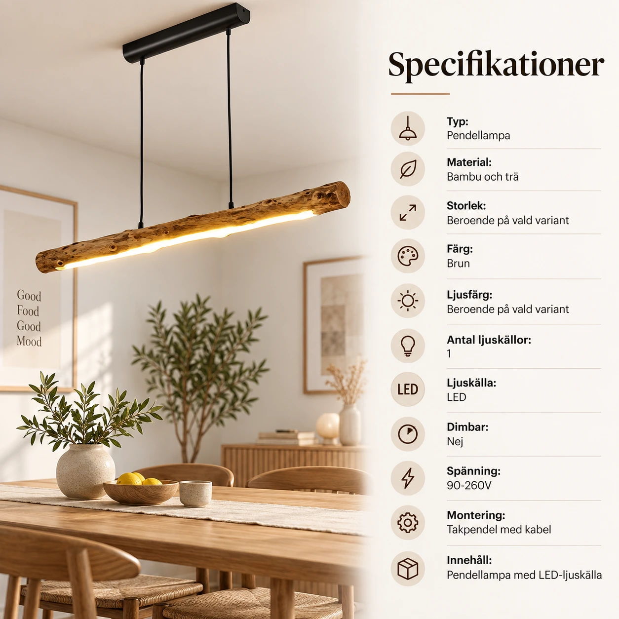 Träpendellampa med LED för matbord och vardagsrum