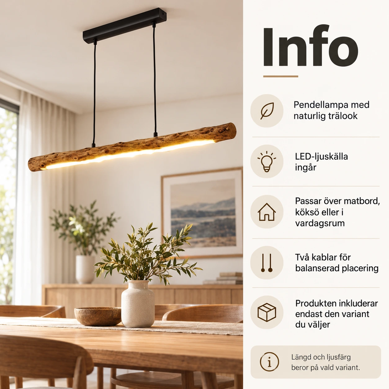 Träpendellampa med LED för matbord och vardagsrum
