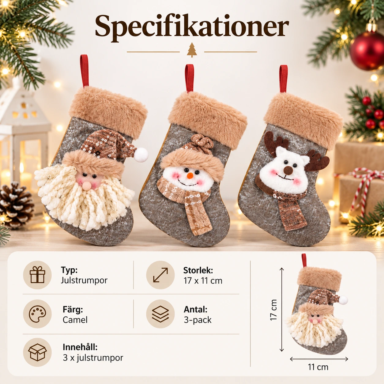 Julstrumpor för juldekoration 3-pack, 17 x 11 cm