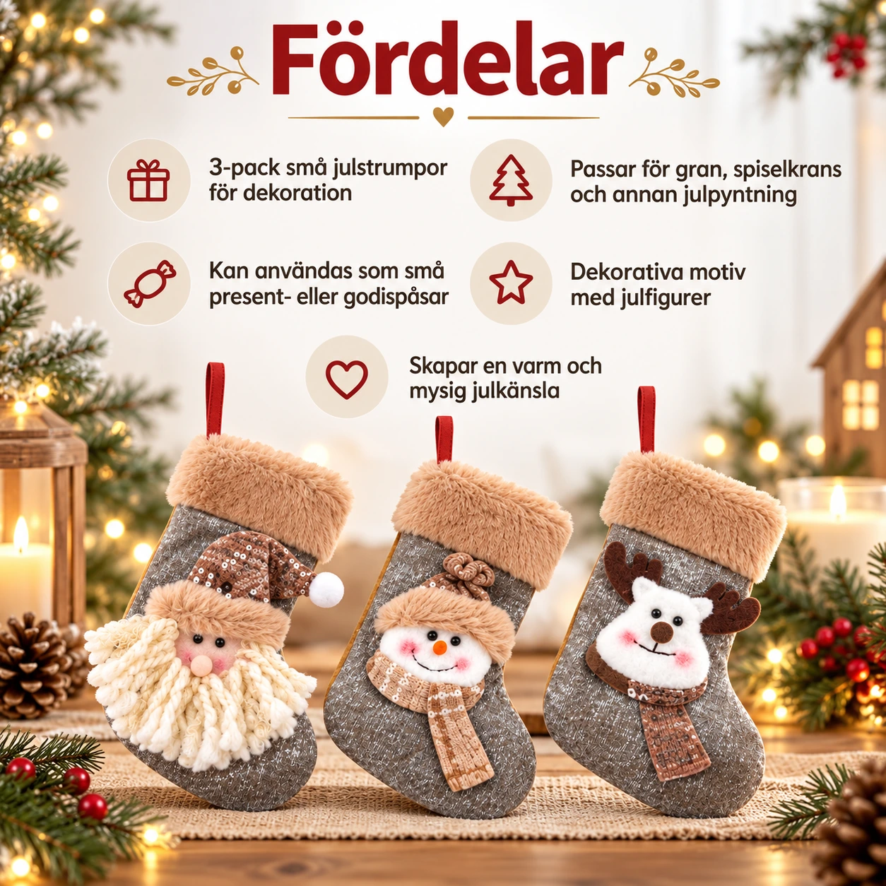 Julstrumpor för juldekoration 3-pack, 17 x 11 cm