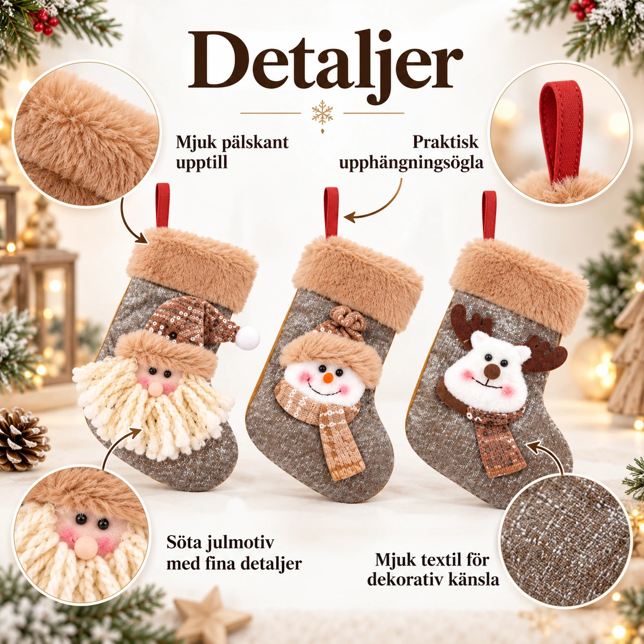Julstrumpor för juldekoration 3-pack, 17 x 11 cm