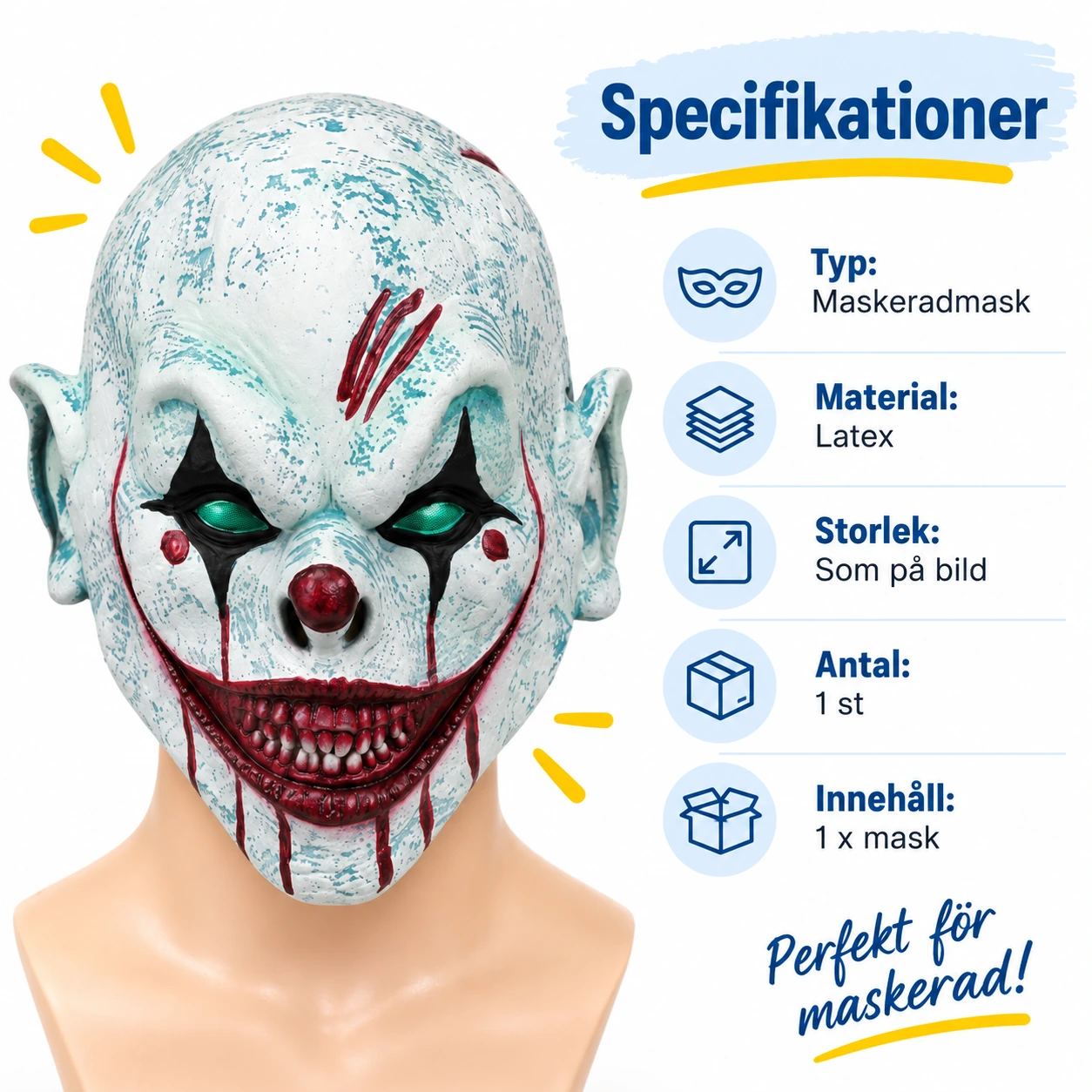 Skräckclownmask i latex för halloween och maskerad