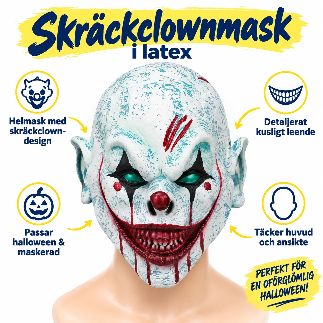 Skräckclownmask i latex för halloween och maskerad