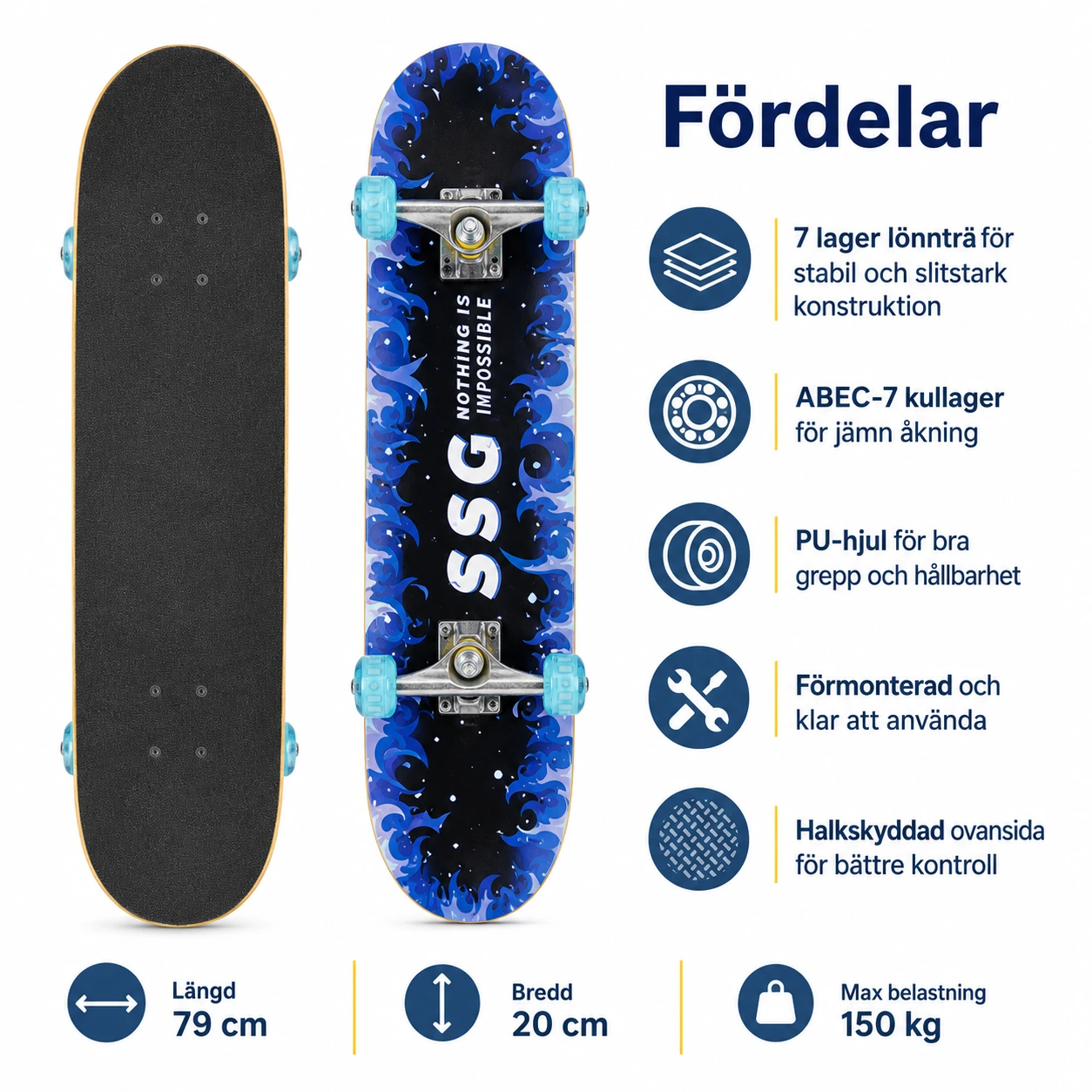 Skateboard 31 tum färdigmonterad med ABEC-7-lager