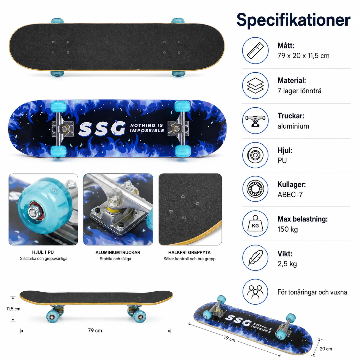 Skateboard 31 tum färdigmonterad med ABEC-7-lager
