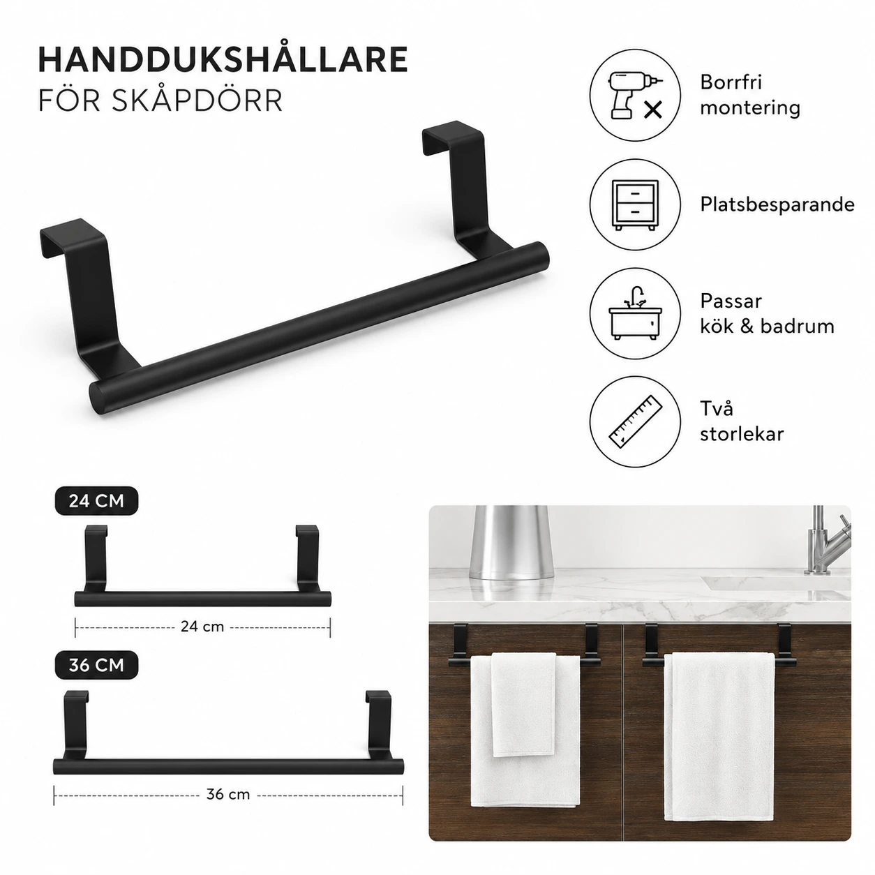 Handdukshängare för Skåpsdörr – Svart, Borrfri