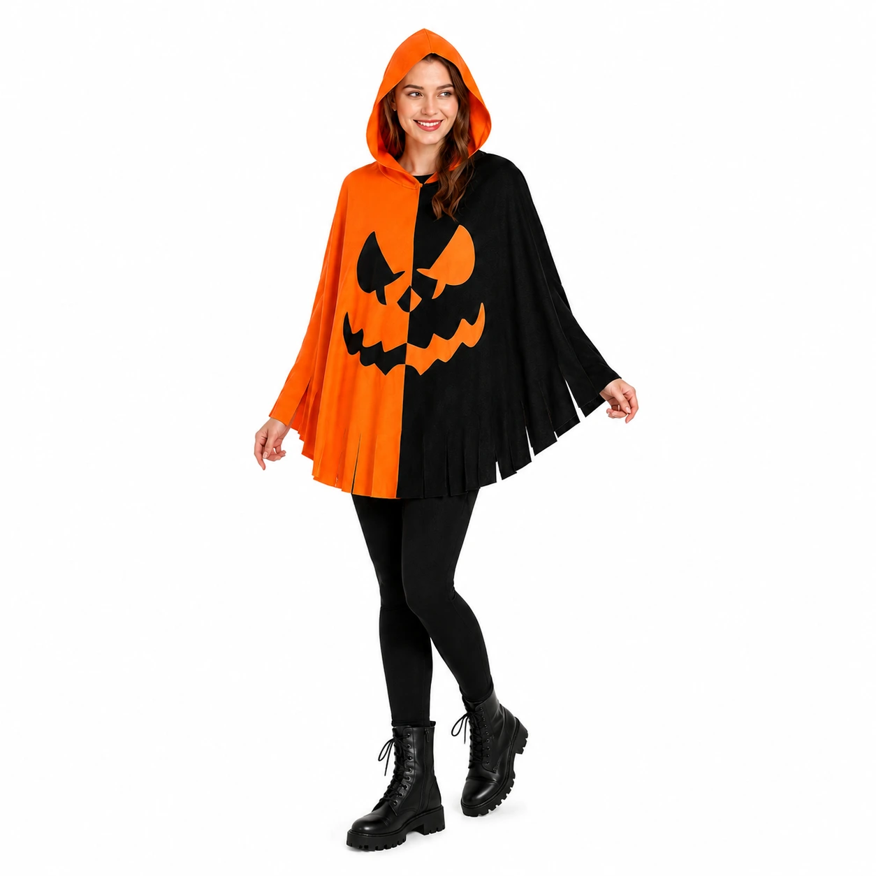 Halloweencape med huva och pumpamotiv för maskerad