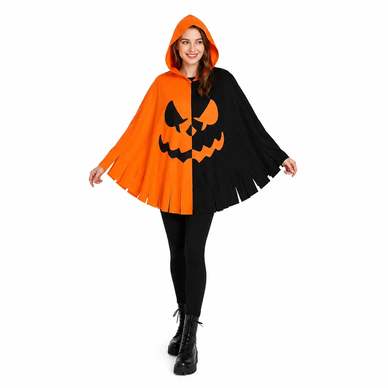 Halloweencape med huva och pumpamotiv för maskerad