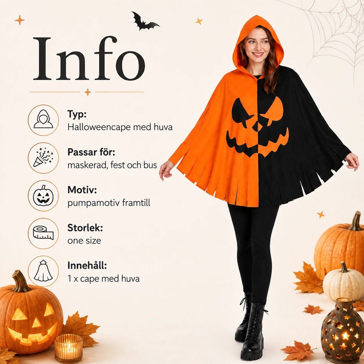 Halloweencape med huva och pumpamotiv för maskerad