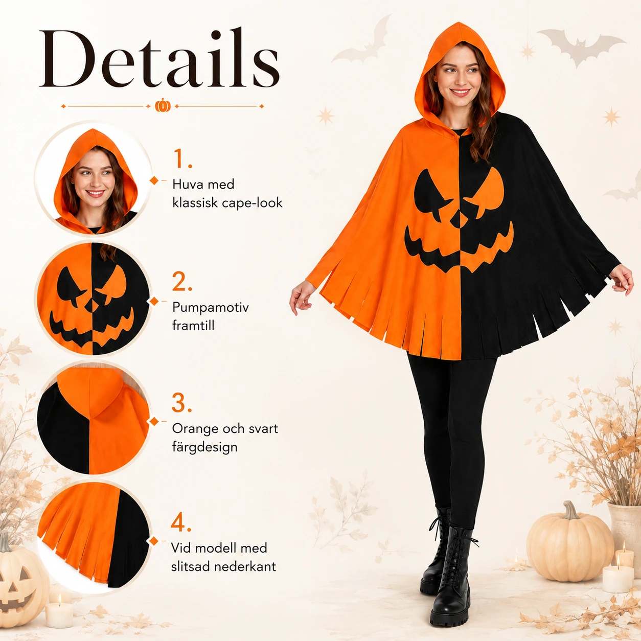 Halloweencape med huva och pumpamotiv för maskerad