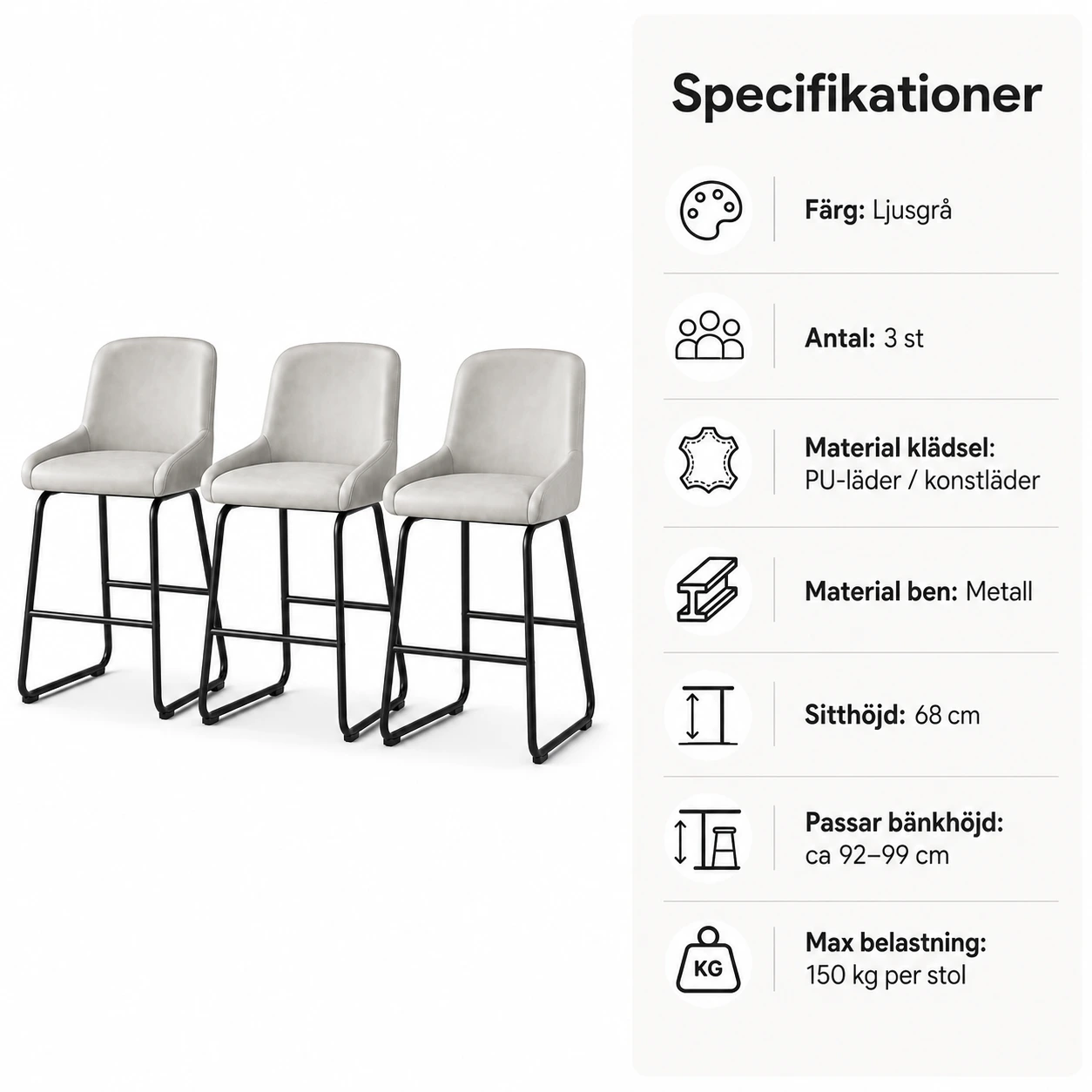 Barstolar 3-Pack med Ryggstöd och Fotstöd – Ljusgrå