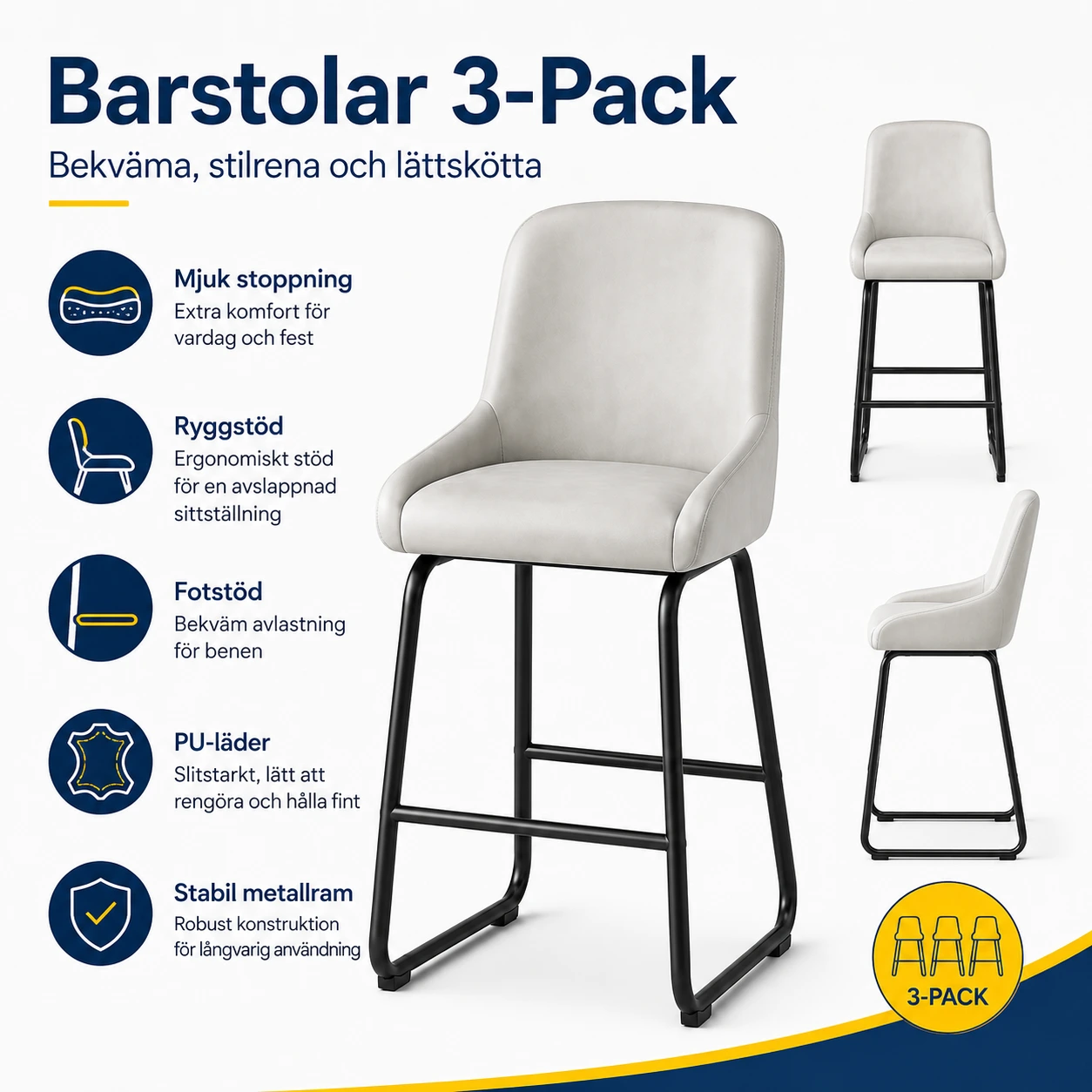 Barstolar 3-Pack med Ryggstöd och Fotstöd – Ljusgrå