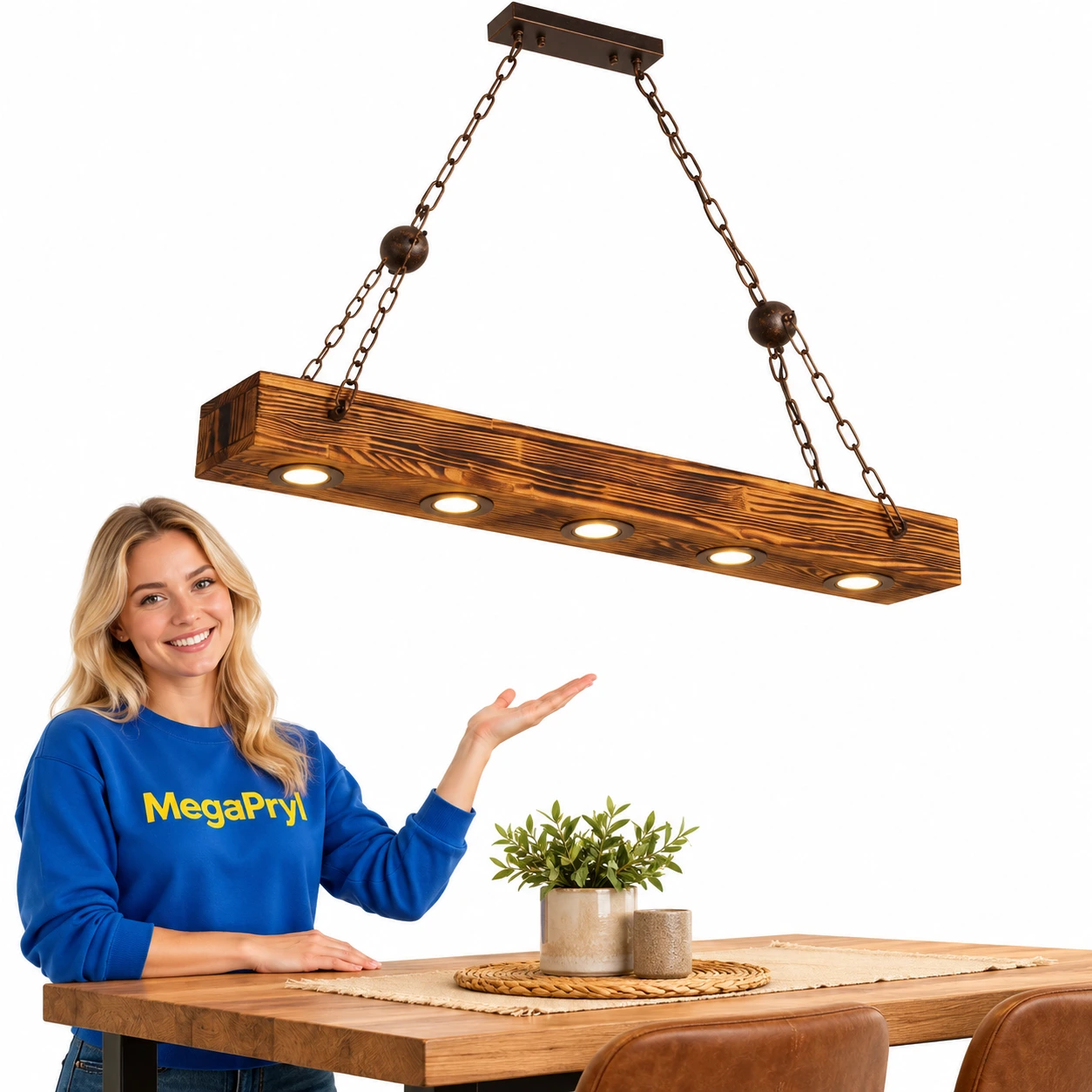 Taklampa i trä för matbord och bar i industriell stil
