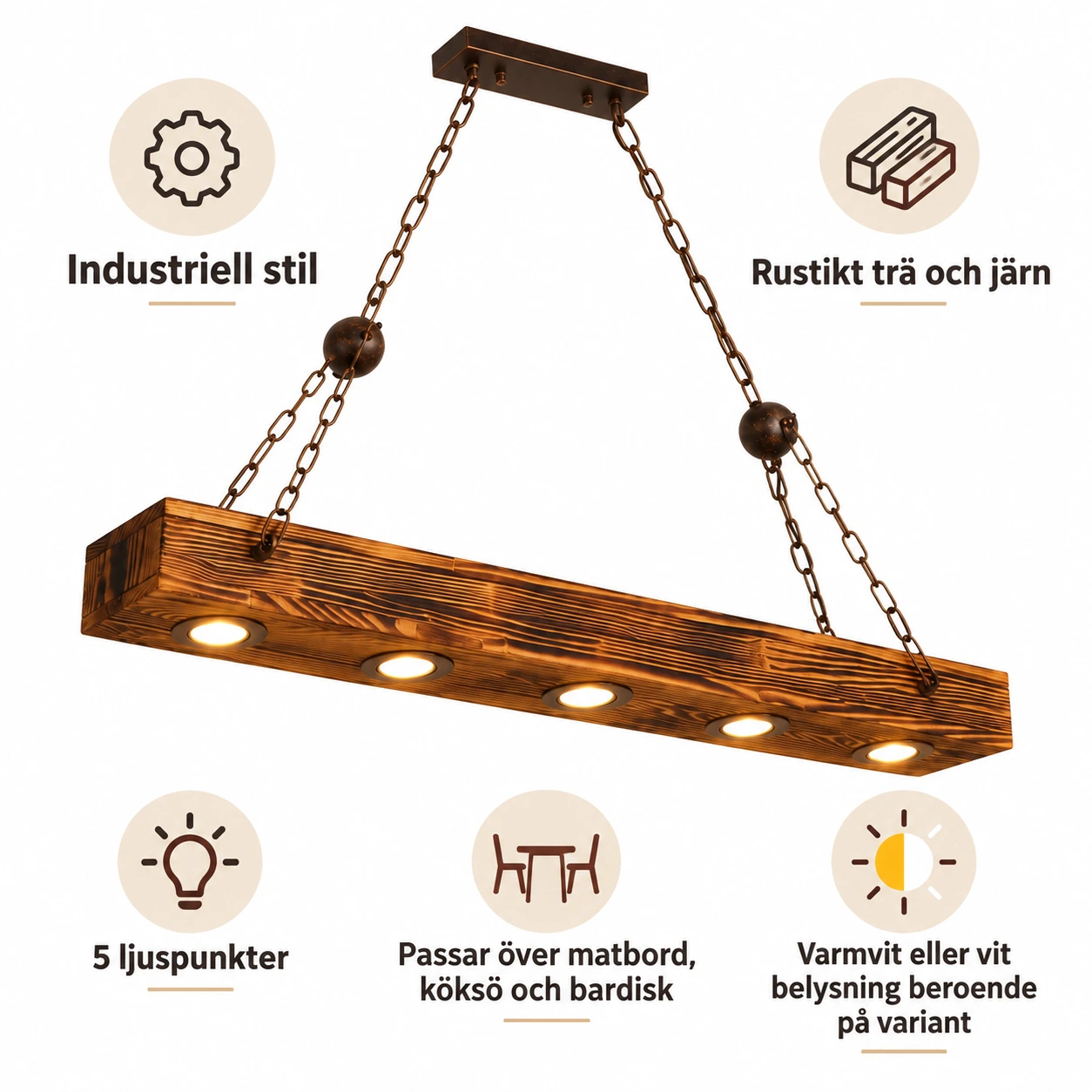Taklampa i trä för matbord och bar i industriell stil