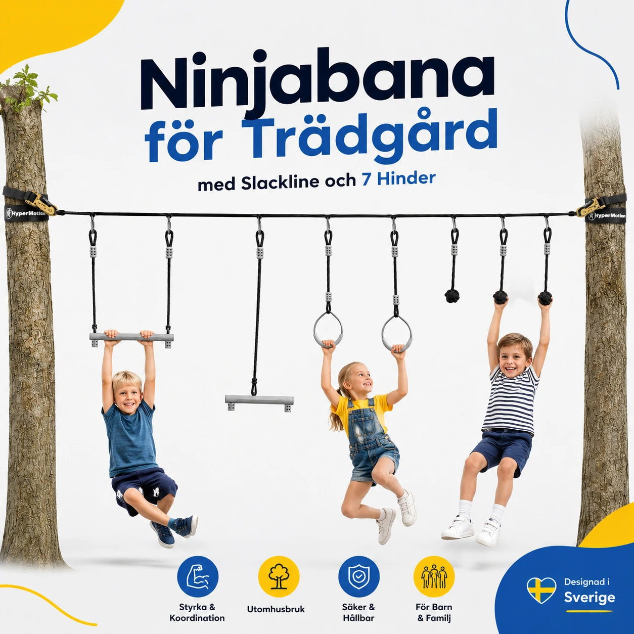 Ninjabana för Trädgård med Slackline och 7 Hinder