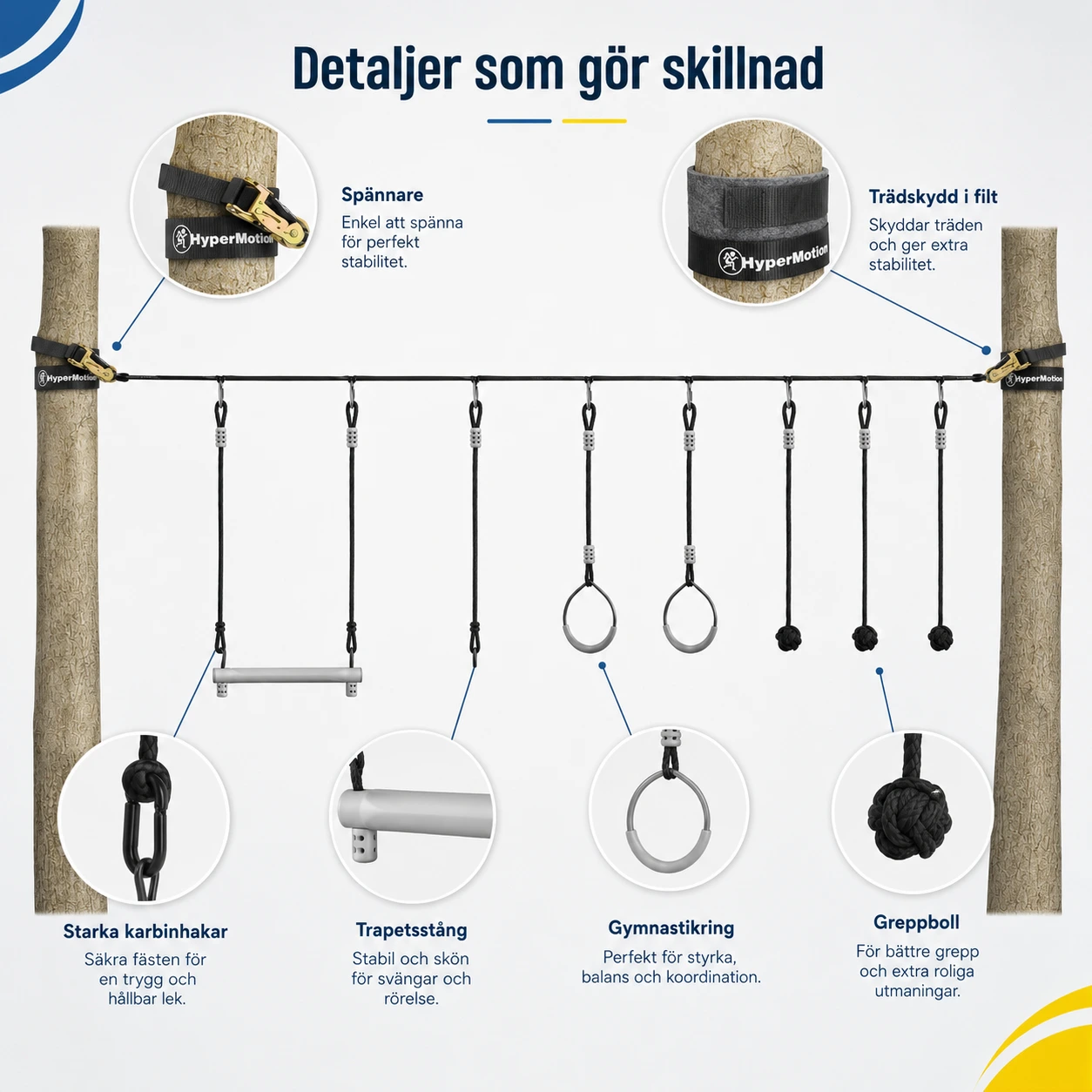 Ninjabana för Trädgård med Slackline och 7 Hinder