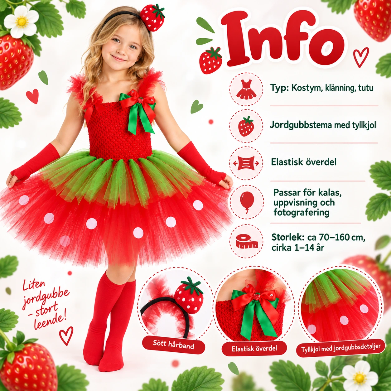 Lasten mansikkamekko tyllistä ja hiuspanta
