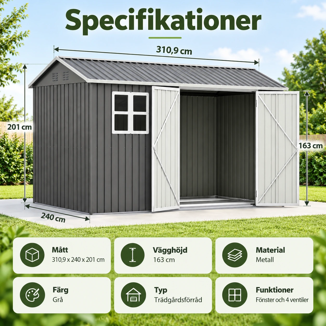 Trädgårdsförråd i metall 10x8 fot med fönster och ventiler
