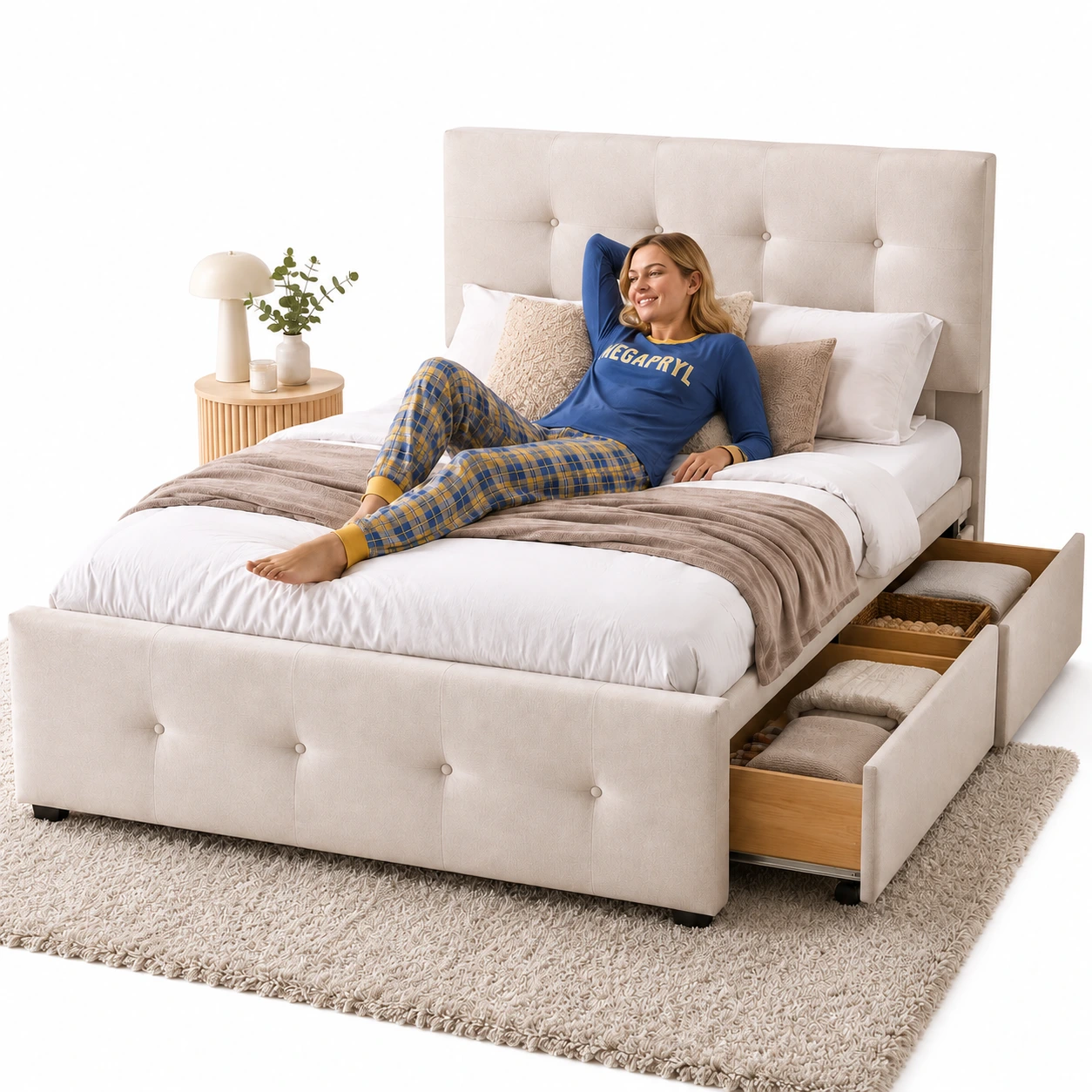 Säng med Förvaring 90x200 cm – Beige Sammet