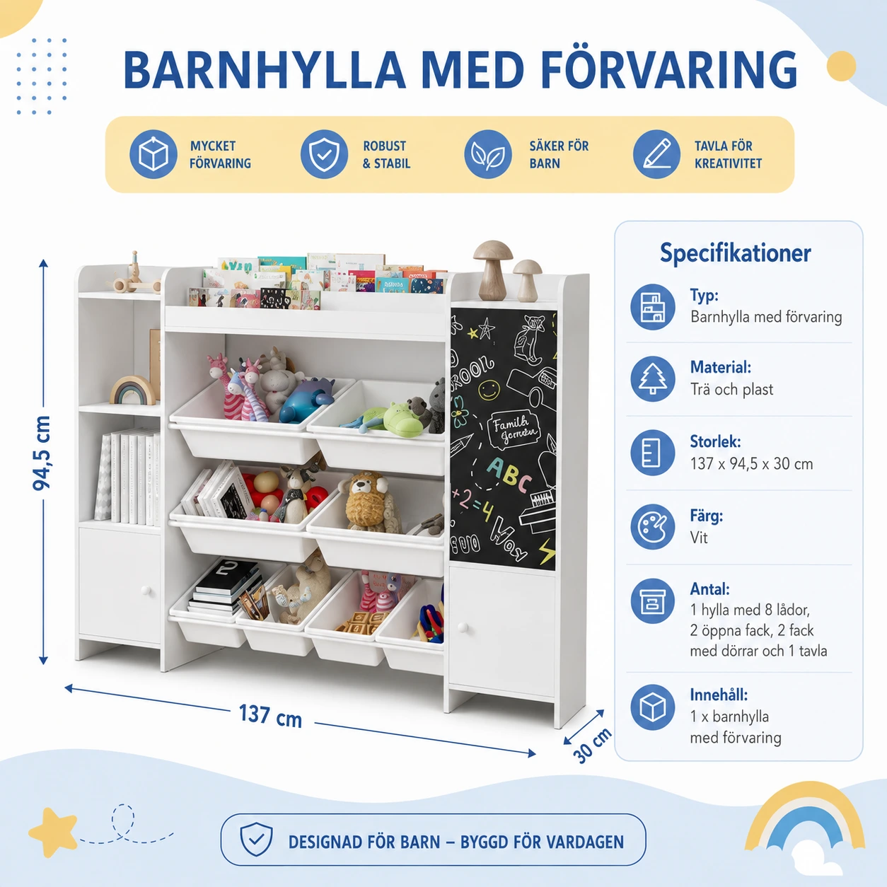 Barnhylla med förvaring och tavla 137 x 94,5 x 30 cm