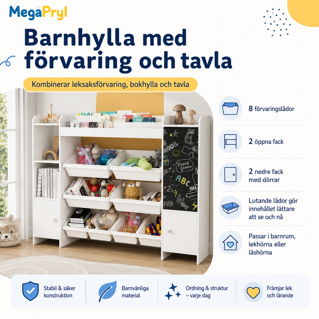 Barnhylla med förvaring och tavla 137 x 94,5 x 30 cm
