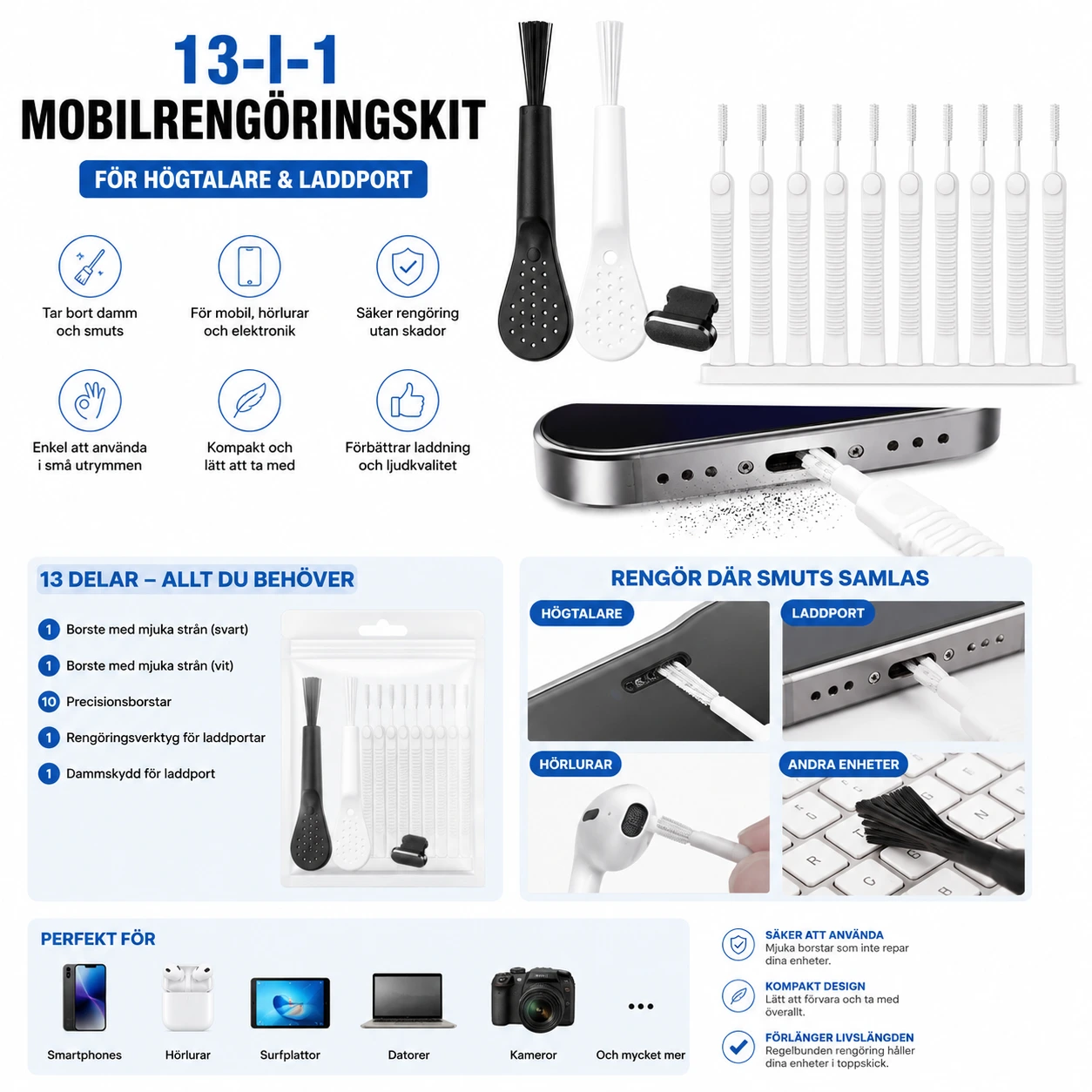 Mobilrengöringskit 13-i-1 – För Högtalare & Laddport