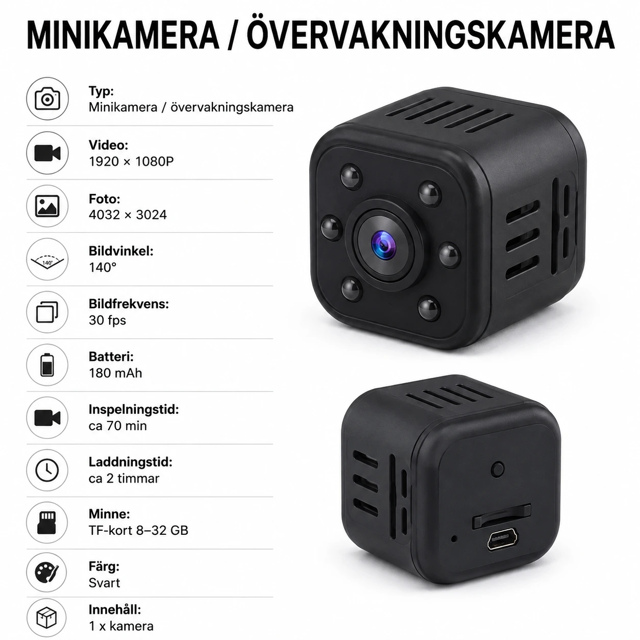 Miniövervakningskamera med nattseende och rörelsedetektering