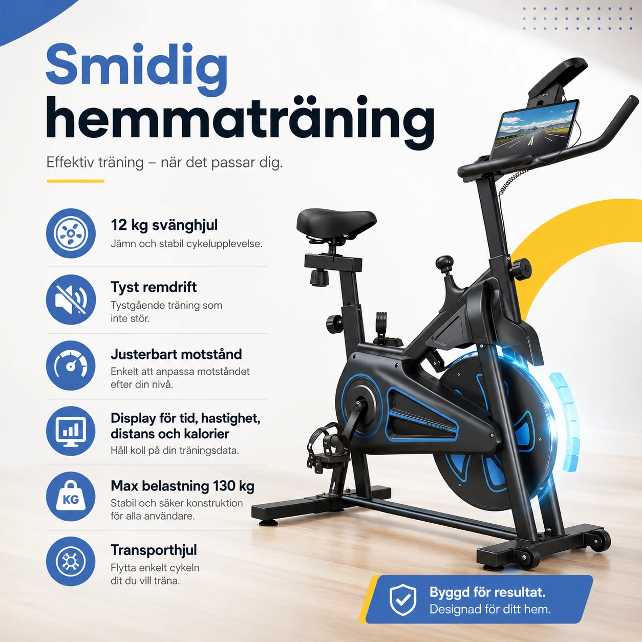 Motionscykel med 12 kg svänghjul och display