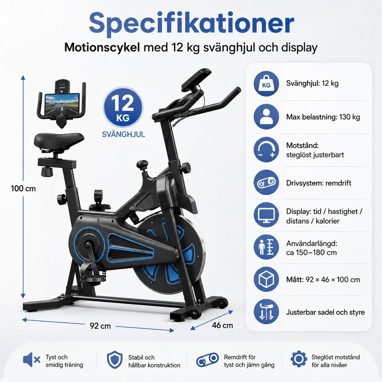 Motionscykel med 12 kg svänghjul och display