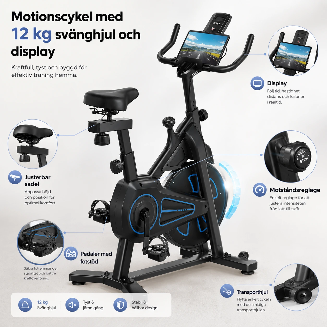 Motionscykel med 12 kg svänghjul och display