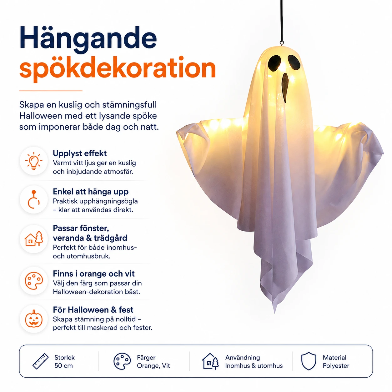 Hängande spökdekoration för Halloween med belysning