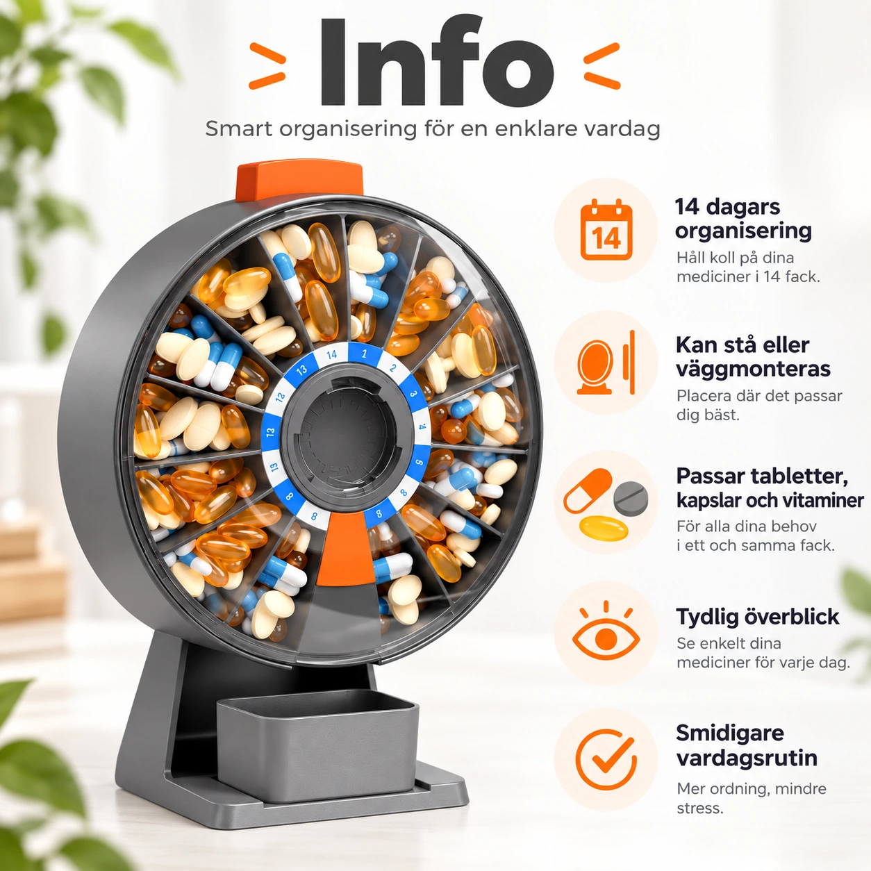 Pillerdispenser för 14 dagar väggmonterad eller stående