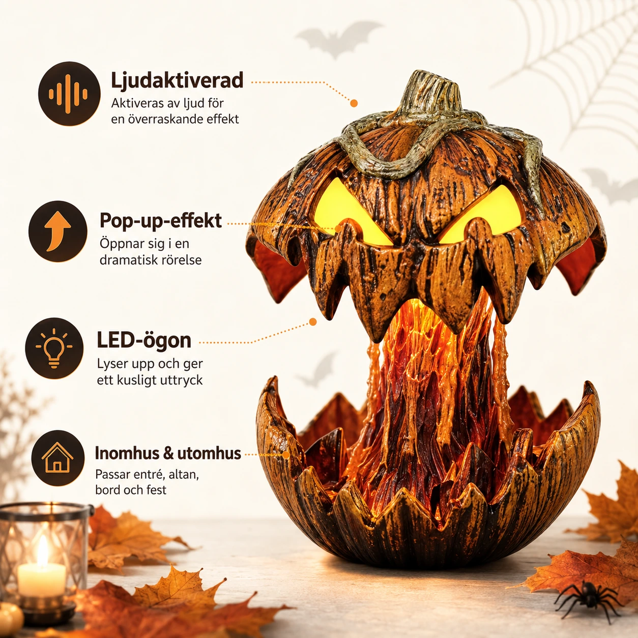 Halloweenpumpa med ljudaktiverad pop-up och LED-ögon
