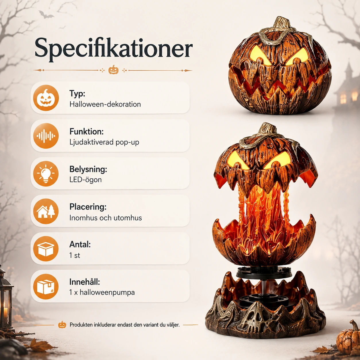 Halloweenpumpa med ljudaktiverad pop-up och LED-ögon