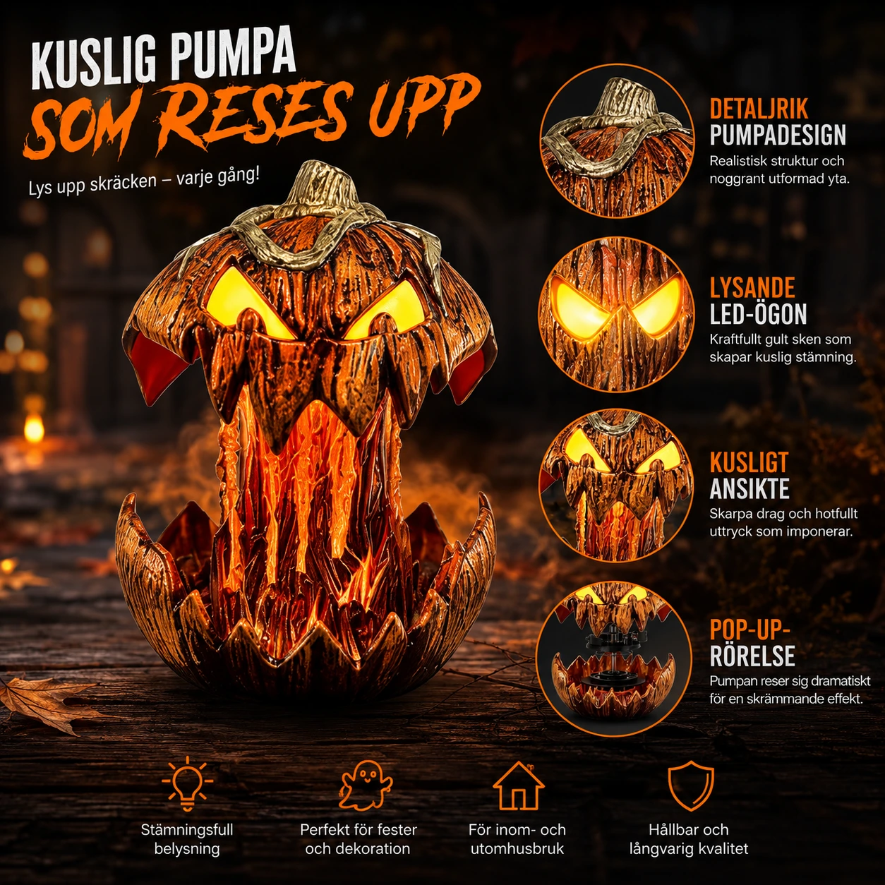 Halloweenpumpa med ljudaktiverad pop-up och LED-ögon