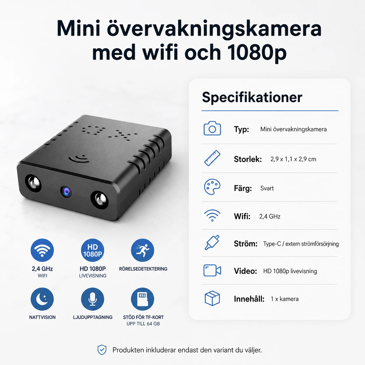 Mini övervakningskamera med wifi och 1080p