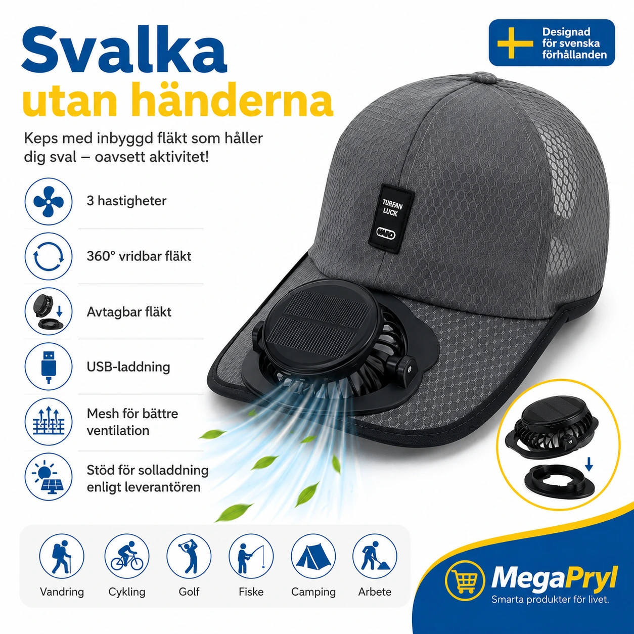 Keps med fläkt för utomhusbruk med USB-laddning