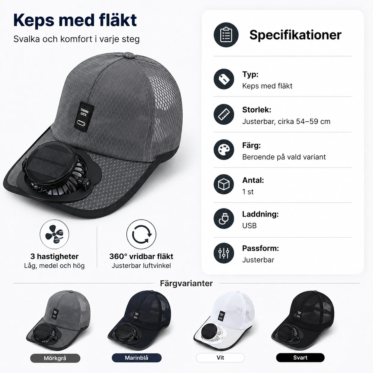 Keps med fläkt för utomhusbruk med USB-laddning