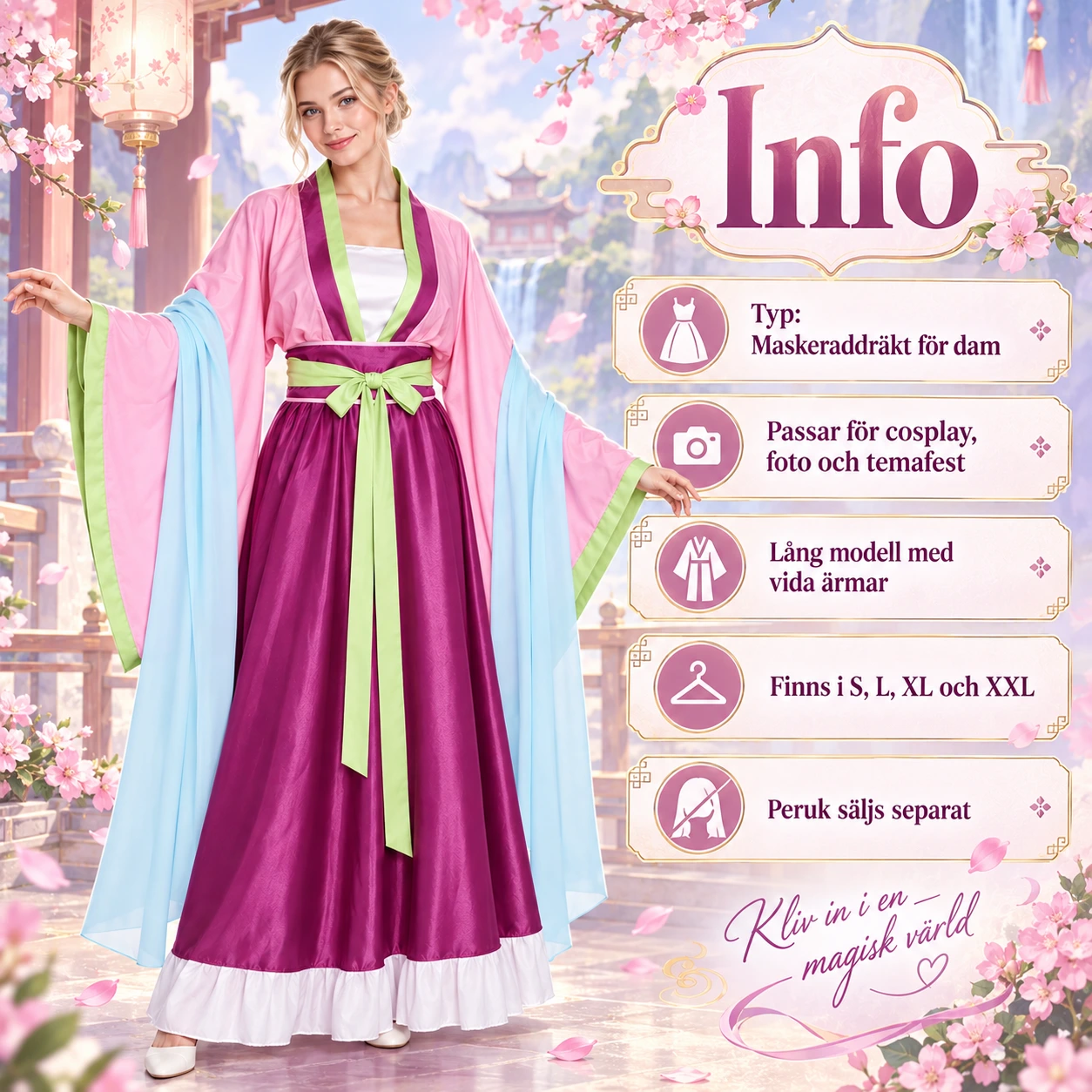 Rosa och Lila Traditionell Anime Klänning med Skärp och Band