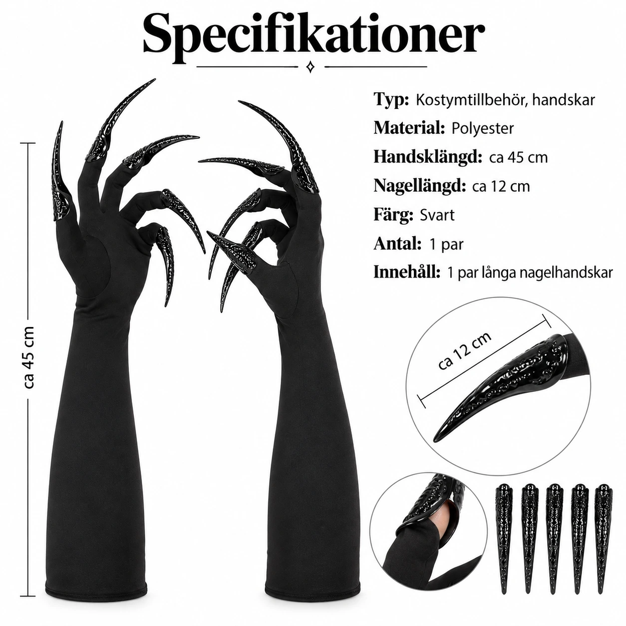 Långa nagelhandskar för halloween och cosplay