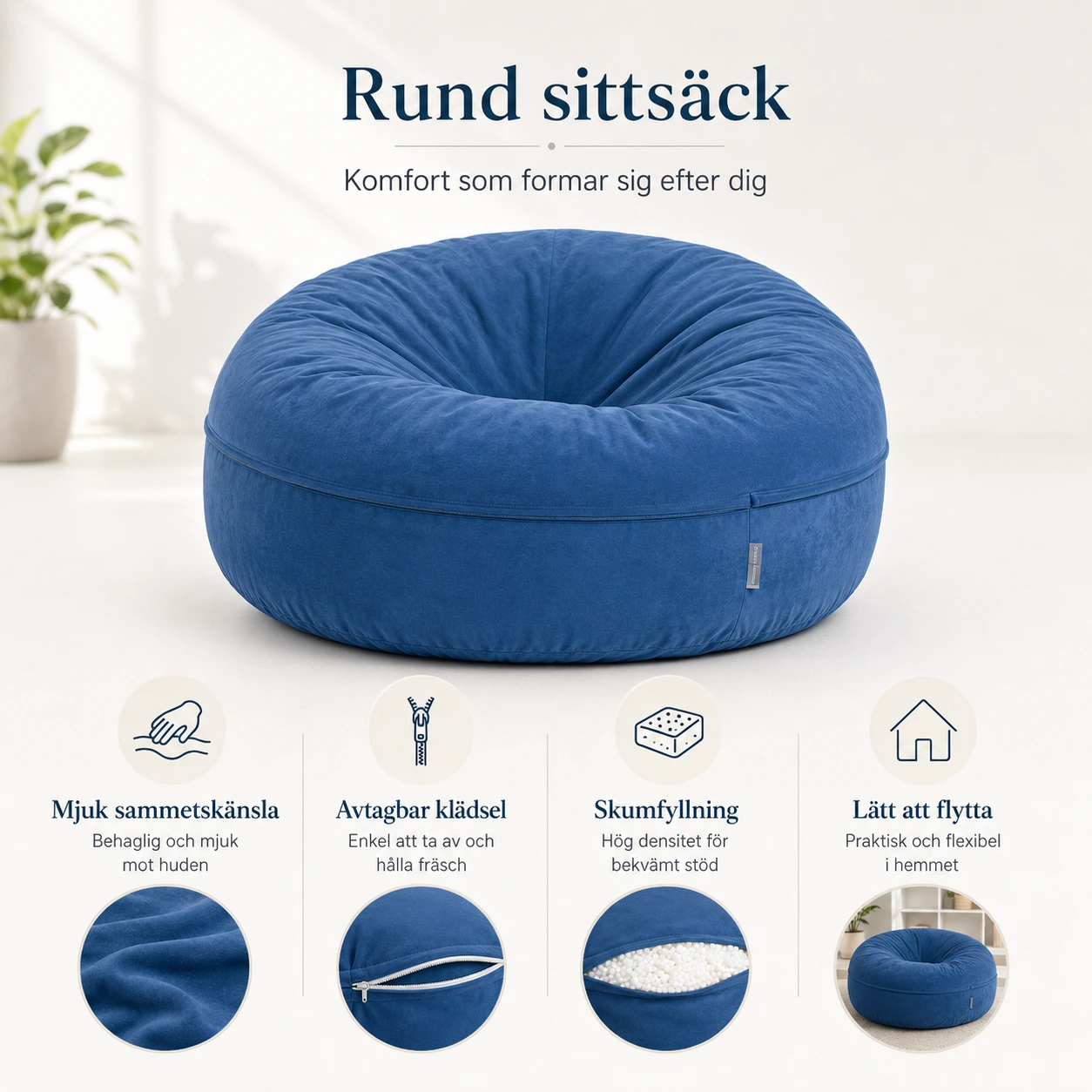 Sittsäck Rund Blå med Avtagbar Klädsel och Skumfyllning