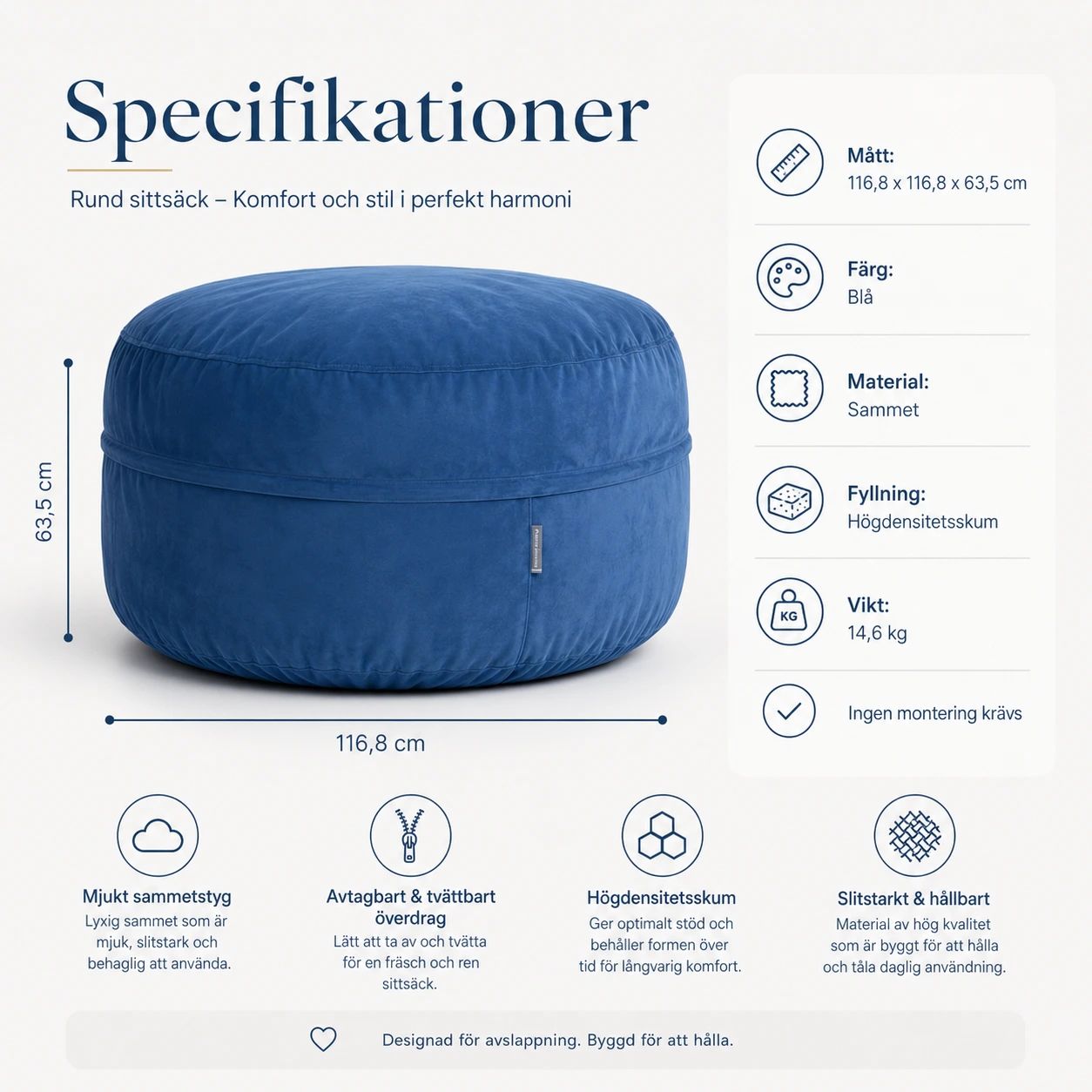 Sittsäck Rund Blå med Avtagbar Klädsel och Skumfyllning